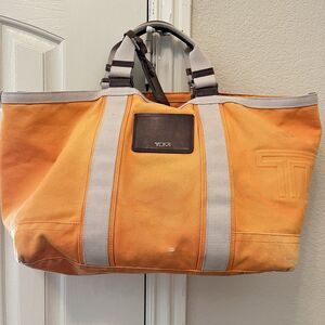 TUMI Tote Bag Canvas ORN Plain Distressed READ Orange Leather Trim